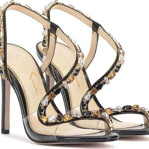 Jessica Simpson Black Patent Crystal Embellished Strappy Stiletto Heels – Size 8